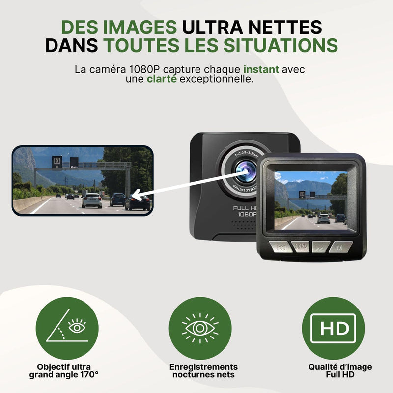 Dashcam VueClair Pro avec écran intégré et objectif 170°, capturant une route de montagne avec grande clarté en Full HD.