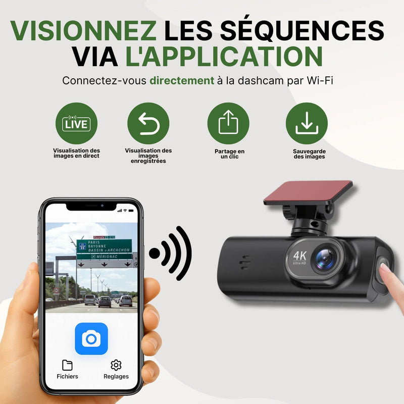 Dashcam AutoVue Pro 4K connectée en Wi-Fi à un smartphone affichant des images de route via l’application mobile.