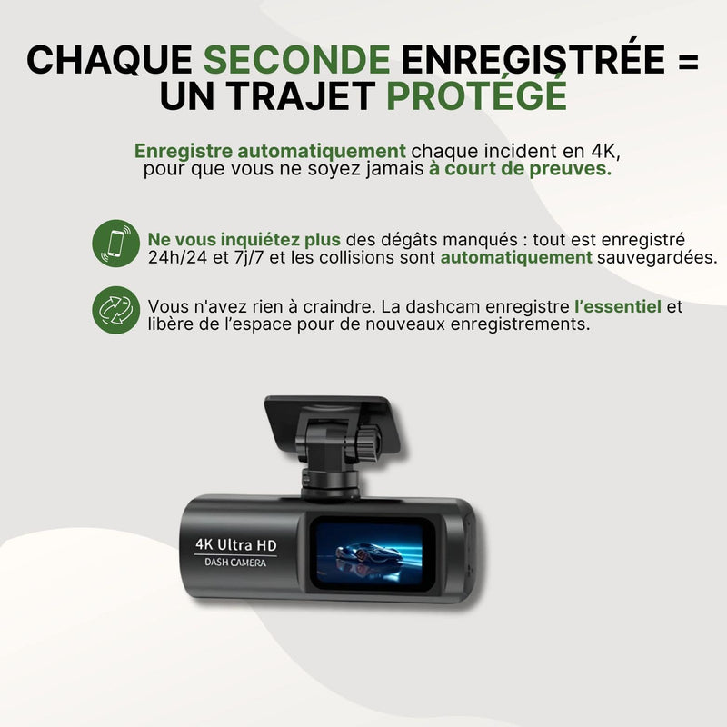 Dashcam AutoVue Pro 4K avec écran intégré, enregistrant automatiquement chaque incident 24h/24 pour une protection permanente.