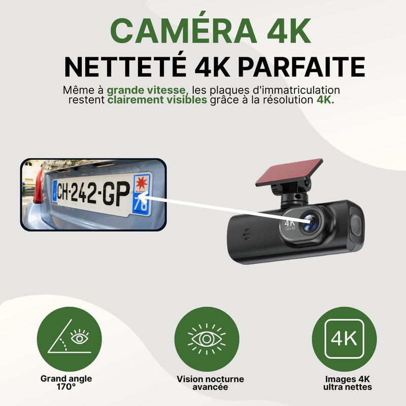 Dashcam AutoVue Pro 4K avec vision nocturne et grand angle, capturant une plaque clairement lisible même en roulant vite.