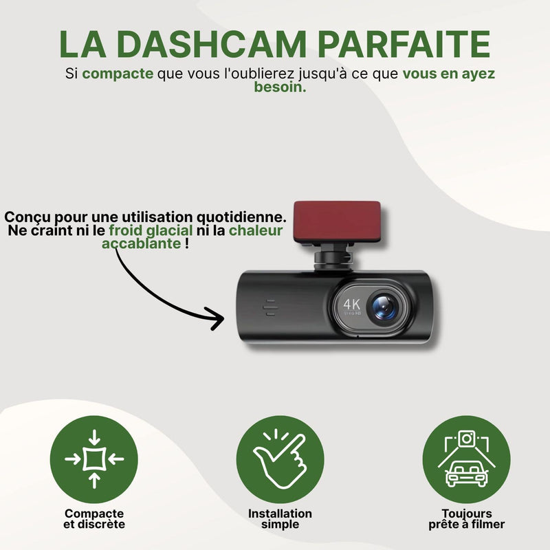 Dashcam AutoVue Pro 4K au design compact, résistante aux températures extrêmes et prête à filmer dès l’installation.