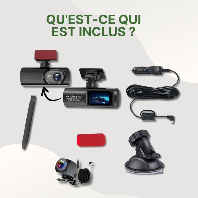 Contenu de la boîte AutoVue Pro avec dashcam 4K, support ventouse, câble d’alimentation, caméra arrière et outils de pose.