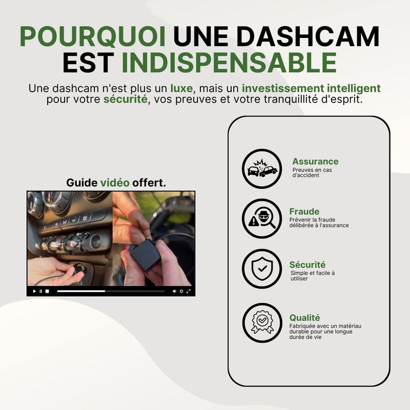 Avantages de la dashcam AutoVue Pro avec guide vidéo, assurance, prévention de fraude et sécurité renforcée.
