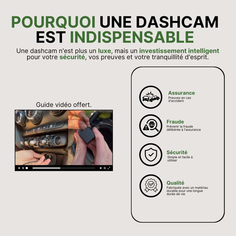 Guide vidéo montrant l'installation de la dashcam Cleardrive avec explication des bénéfices en sécurité, assurance et qualité.