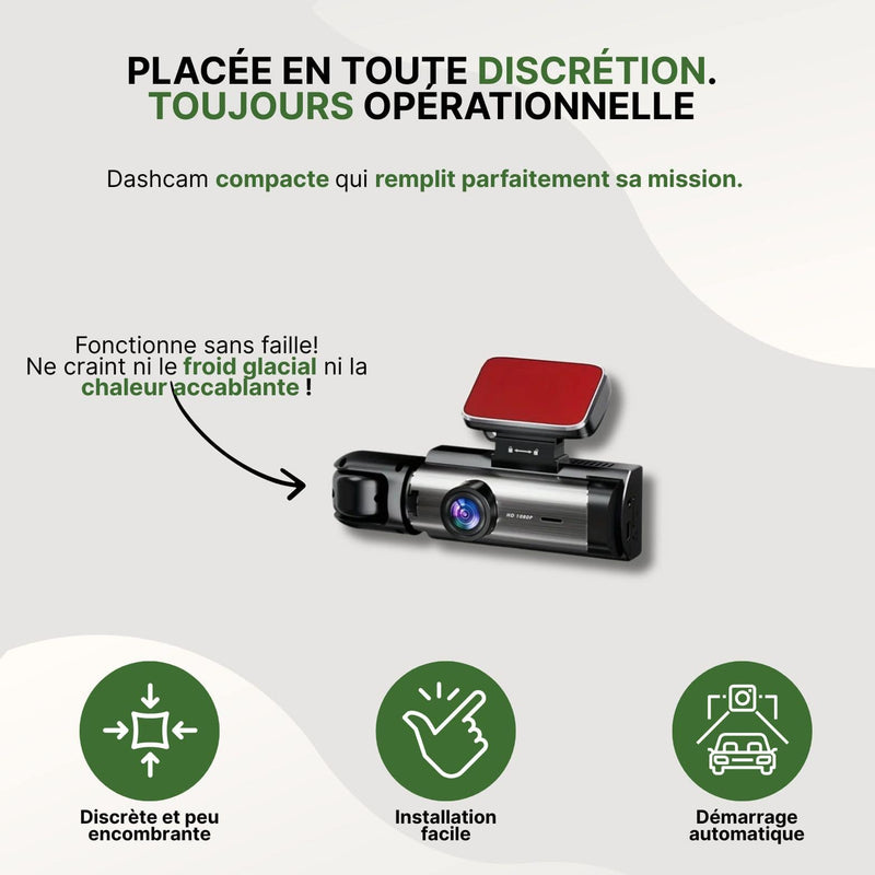 Dashcam Cleardrive compacte et discrète avec fixation adhésive rouge et objectif Full HD 1080p.