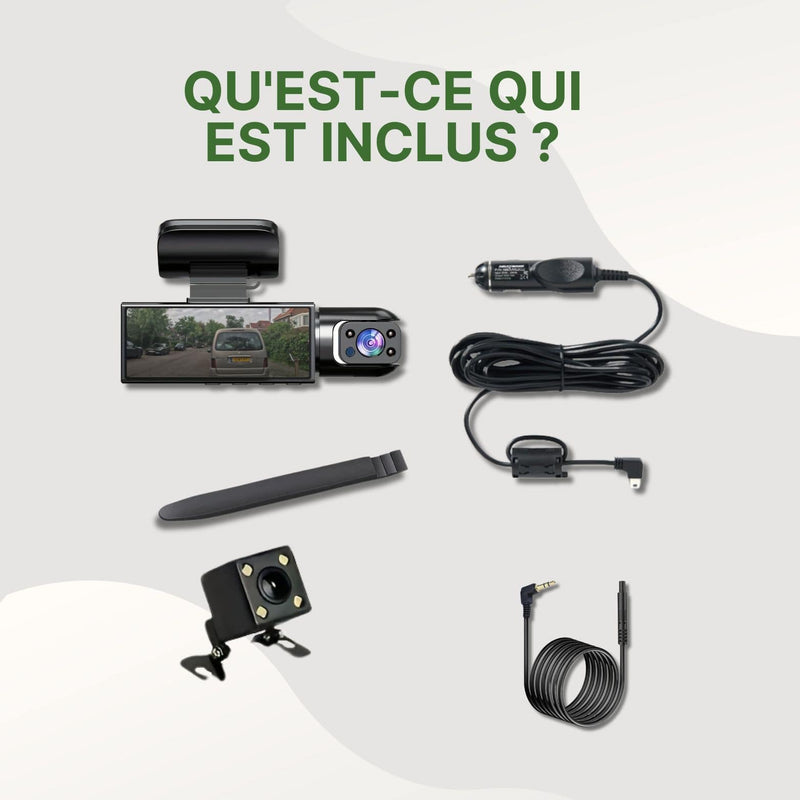 Contenu de la boîte de la dashcam Cleardrive avec caméra, câbles, support adhésif, caméra arrière et outil de montage.