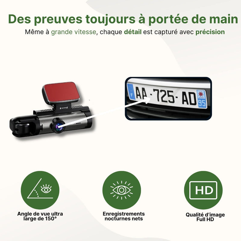 Dashcam Cleardrive avec image Full HD et vision nocturne, capturant une plaque d'immatriculation à grande vitesse.