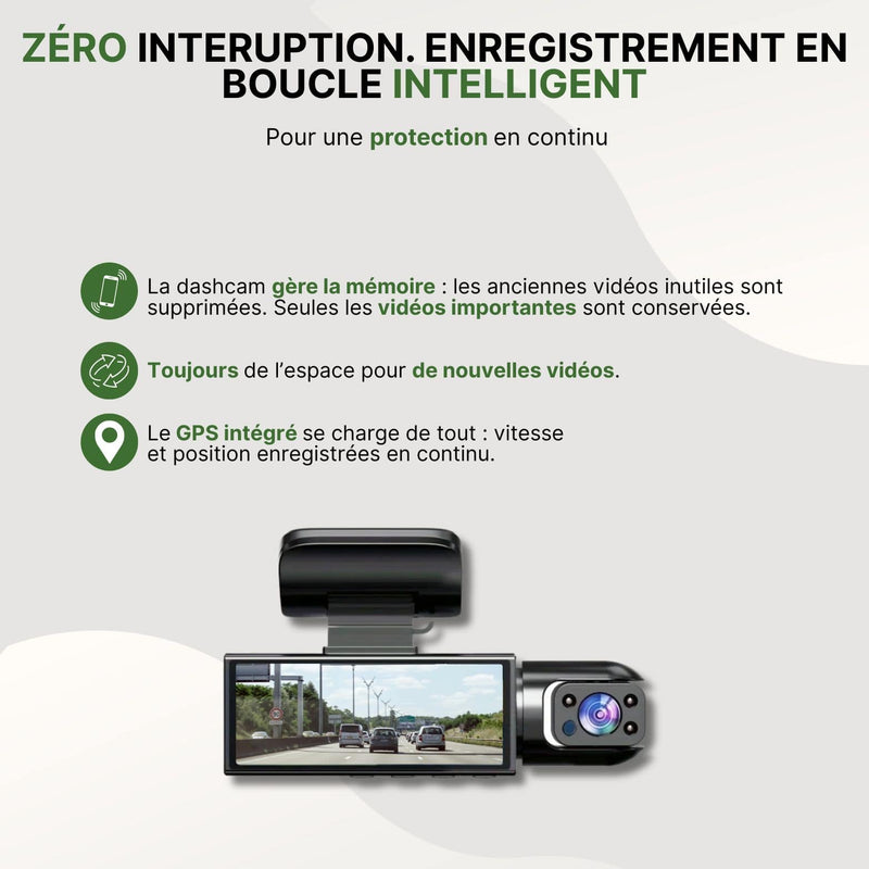 Dashcam Cleardrive avec écran large, GPS intégré et enregistrement intelligent en boucle pour une protection continue.