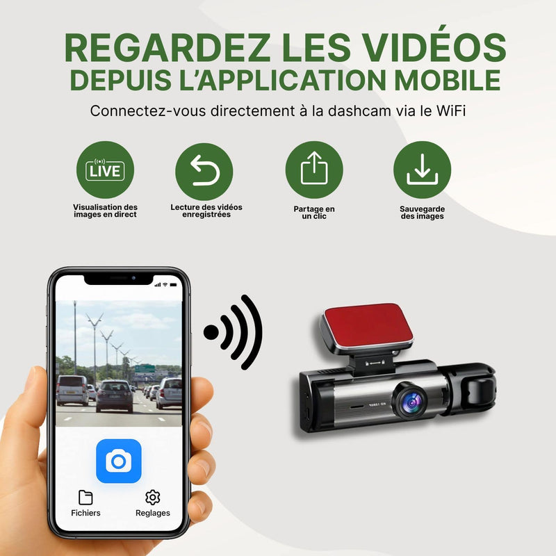 Cleardrive dashcam connectée à un smartphone via WiFi pour visionner et sauvegarder les vidéos en direct.