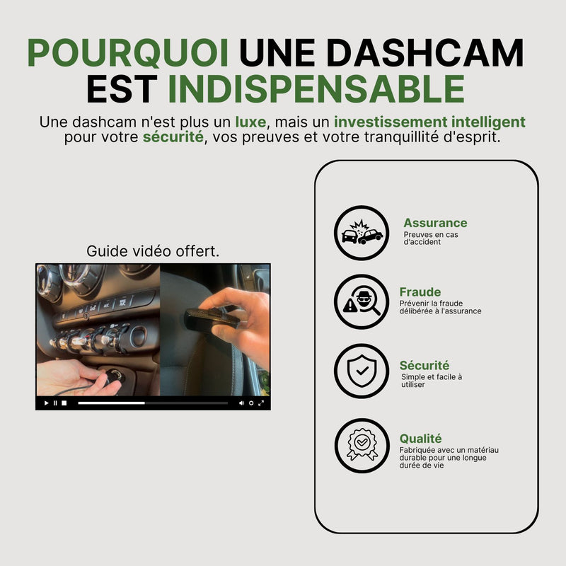 Guide vidéo d’installation d’une dashcam avec démonstration en voiture, et liste des bénéfices en sécurité, qualité et assurance.
