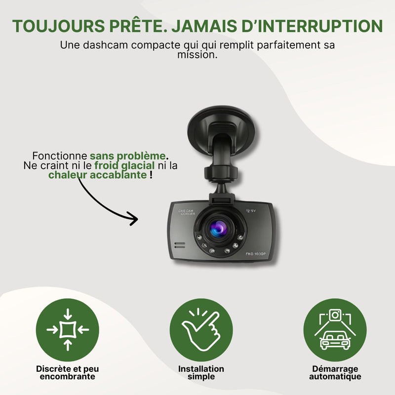 Dashcam compacte vue de face avec ventouse, prête à filmer dans toutes conditions climatiques extrêmes, sans interruption.