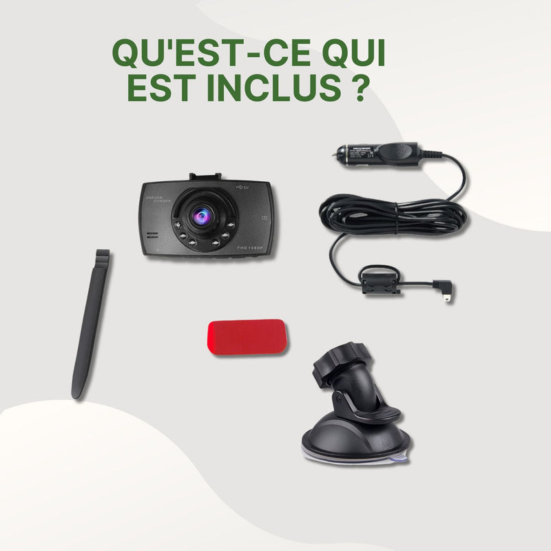 Contenu de l’emballage : dashcam Full HD avec câble d’alimentation, support ventouse, outil de pose et adhésif de fixation.