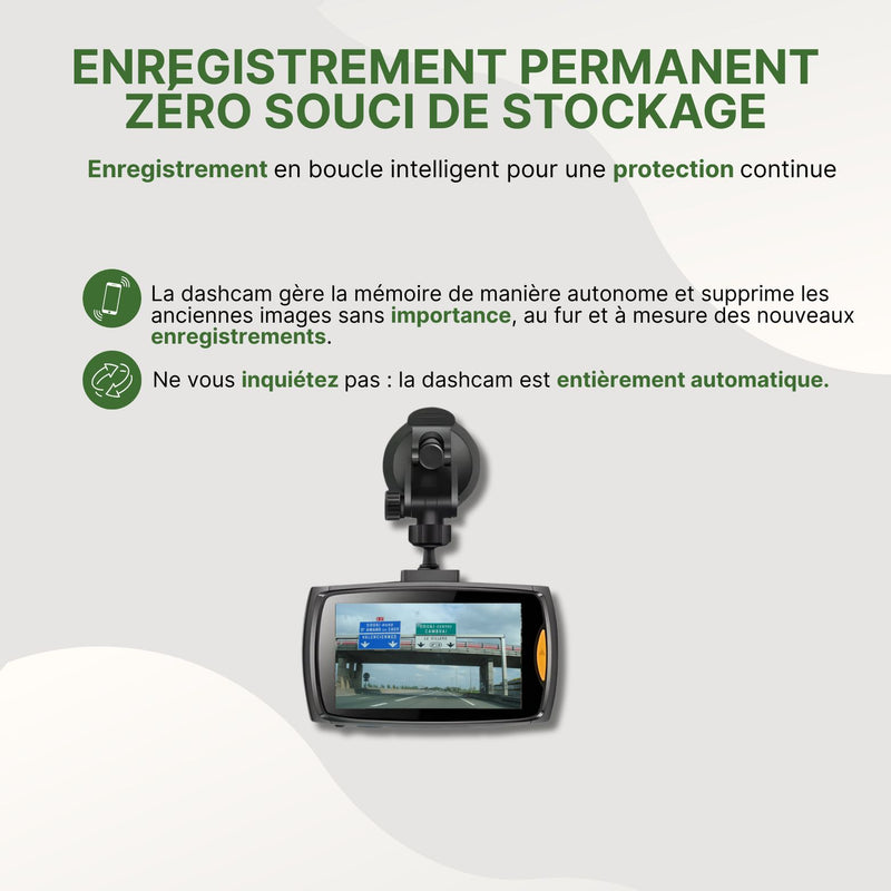 Dashcam en mode enregistrement automatique avec vue d’autoroute sur l’écran, gérant la mémoire sans intervention manuelle.