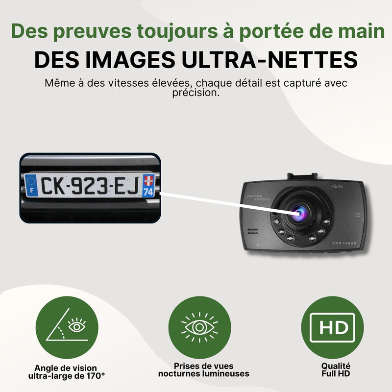 Dashcam Full HD avec objectif grand angle de 170°, capturant une plaque d’immatriculation avec netteté, même à haute vitesse.