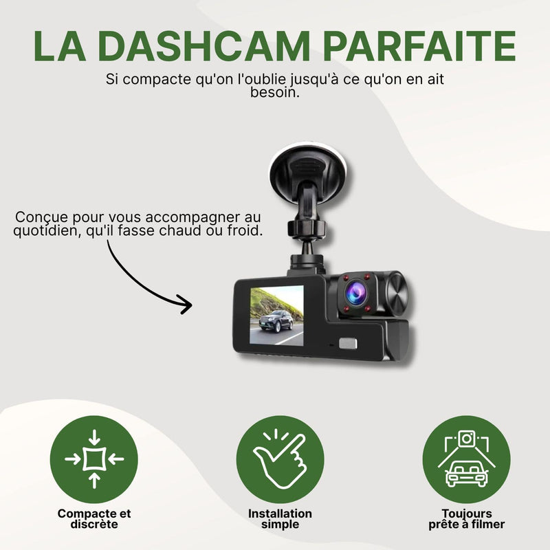 Dashcam Preuvio compacte avec support ventouse et écran intégré, conçue pour fonctionner par temps chaud ou froid.