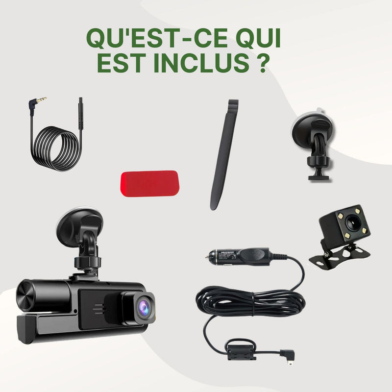 Contenu de la boîte Preuvio : dashcam avant, caméra arrière, câbles, support ventouse, outil de pose et adhésif de fixation.