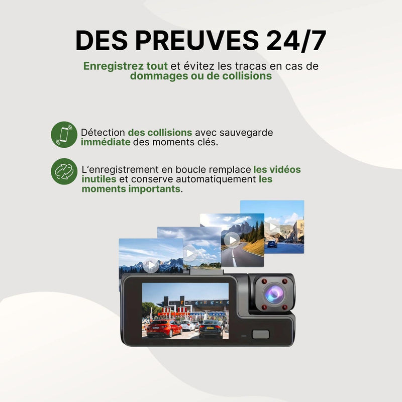 Dashcam Preuvio avec écran affichant une scène de circulation, enregistrant en continu avec détection automatique des collisions.