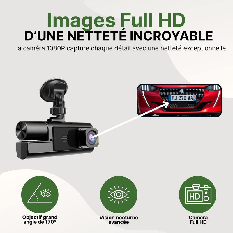 Dashcam Preuvio Full HD avec objectif 170°, capturant une plaque d’immatriculation sur une voiture rouge avec grande netteté.