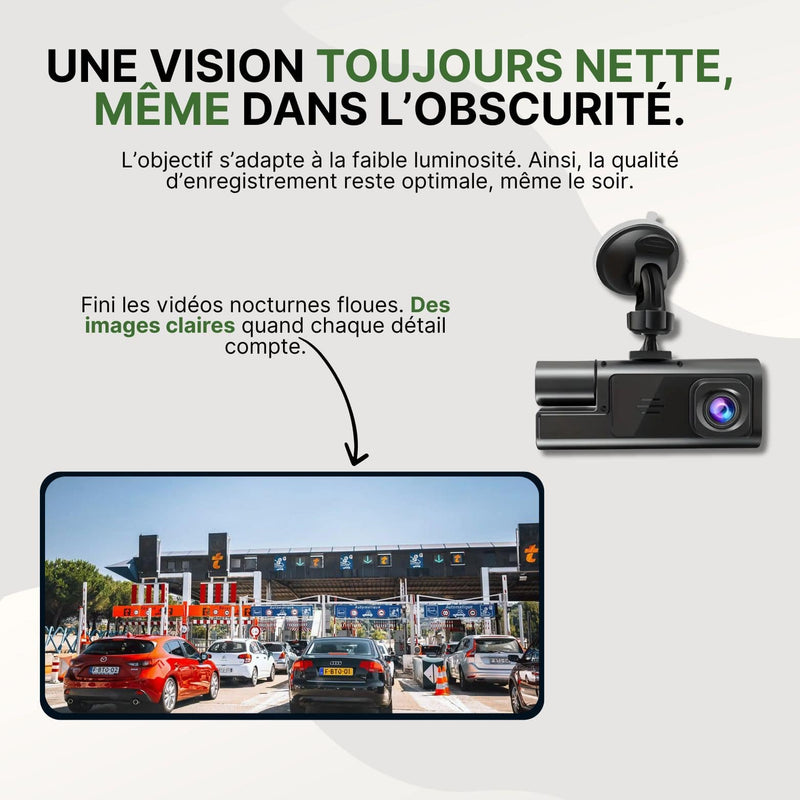 Dashcam Preuvio filmant une file de voitures à un péage avec image claire et nette, même en faible luminosité.