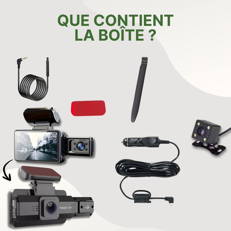 Contenu de la boîte RouteVue Pro avec dashcam avant, caméra arrière, câbles, support adhésif, levier plastique et chargeur voiture.