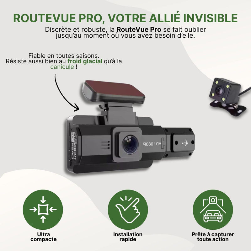 Dashcam RouteVue Pro compacte et discrète, fixée au pare-brise avec capteur Full HD et support autocollant rouge.