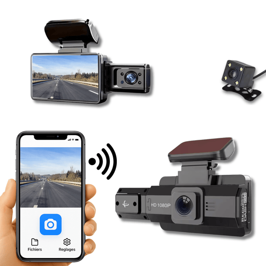 Dashcam RouteVue Pro avec double objectif HD, vue route affichée sur écran et connexion Wi-Fi active vers smartphone.
