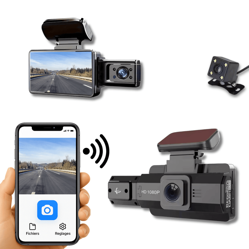 Dashcam RouteVue Pro avec double objectif HD, vue route affichée sur écran et connexion Wi-Fi active vers smartphone.