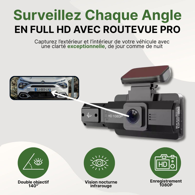 Dashcam RouteVue Pro avec double objectif 140°, vision nocturne et enregistrement 1080P, montrée installée sur pare-brise.