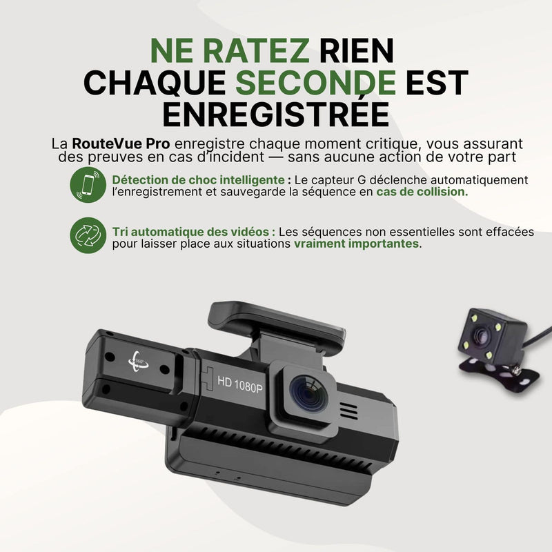 Caméra RouteVue Pro avec capteur G intégré pour détection de collisions et enregistrement automatique en Full HD.