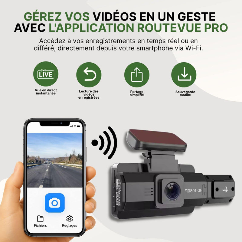 Dashcam RouteVue Pro connectée en Wi-Fi à un smartphone affichant la vidéo en direct de la route.