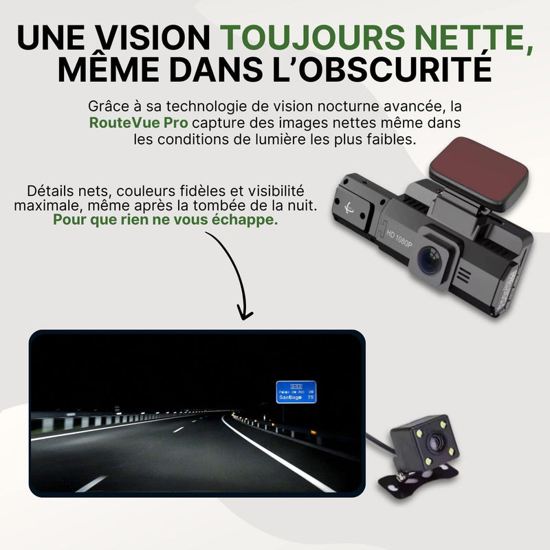 RouteVue Pro avec double caméra 1080P filmant une autoroute la nuit avec une clarté nette et couleurs fidèles.