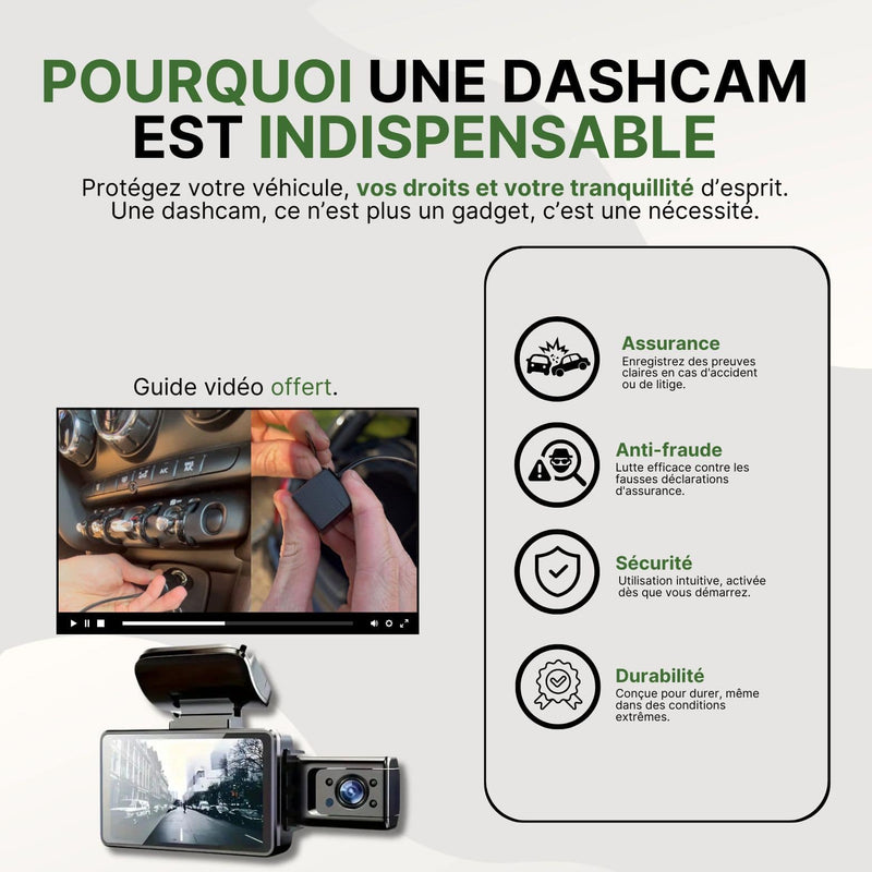 Avantages de la dashcam RouteVue Pro avec illustration des fonctions d’assurance, anti-fraude, sécurité et durabilité, accompagnée d’un guide vidéo.