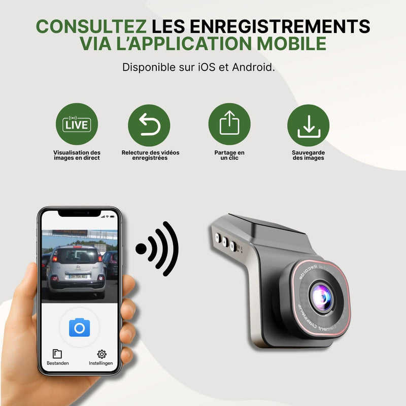 Dashcam Securivue connectée à un smartphone via Wi-Fi, avec aperçu vidéo et accès à l’application mobile sur iOS et Android.