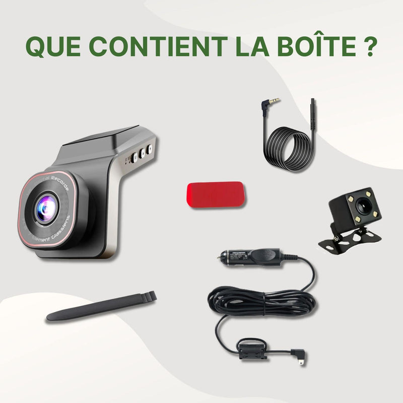 Contenu de la boîte Securivue : dashcam principale, caméra arrière, câbles, outil de pose, support adhésif et chargeur voiture.