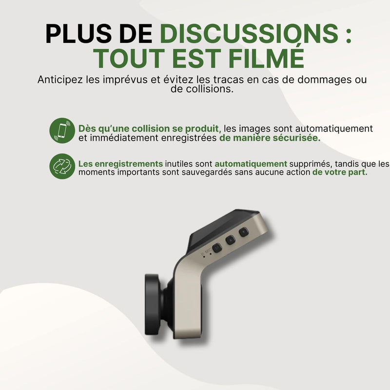 Vue latérale de la dashcam Securivue beige détectant les collisions et enregistrant automatiquement les vidéos importantes.