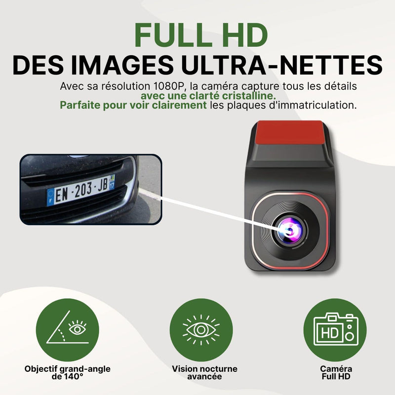 Caméra Securivue Full HD avec angle de 140°, capturant clairement une plaque d’immatriculation en plein jour.