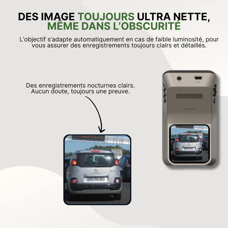 Vue arrière d’un véhicule capturée par la dashcam Securivue avec lecture nette de la plaque même en faible luminosité.