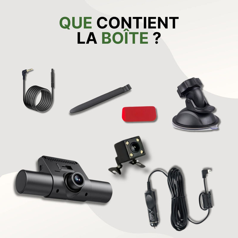 Vision360 Ultra – contenu de la boîte avec caméra embarquée 360°, support ventouse, caméra arrière, câbles d’alimentation, outil de montage et accessoires inclus – Routeguard
