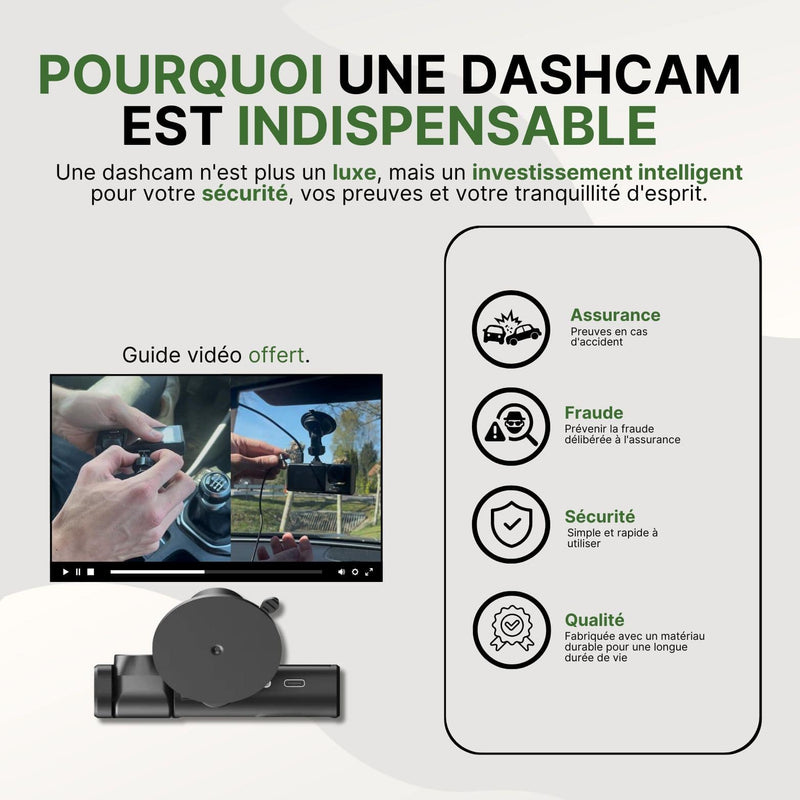 Vidéo d’installation de la dashcam Visiona en voiture, avec vue du support et explication des bénéfices sécurité et assurance.