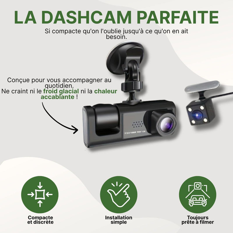 Dashcam Visiona compacte et discrète avec double caméra, supporte chaleur intense et froid extrême, prête à filmer en continu.