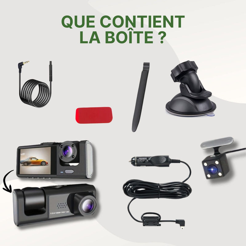 Contenu de la boîte Visiona : dashcam avant et arrière, câbles, support ventouse, levier, adhésif et chargeur voiture.