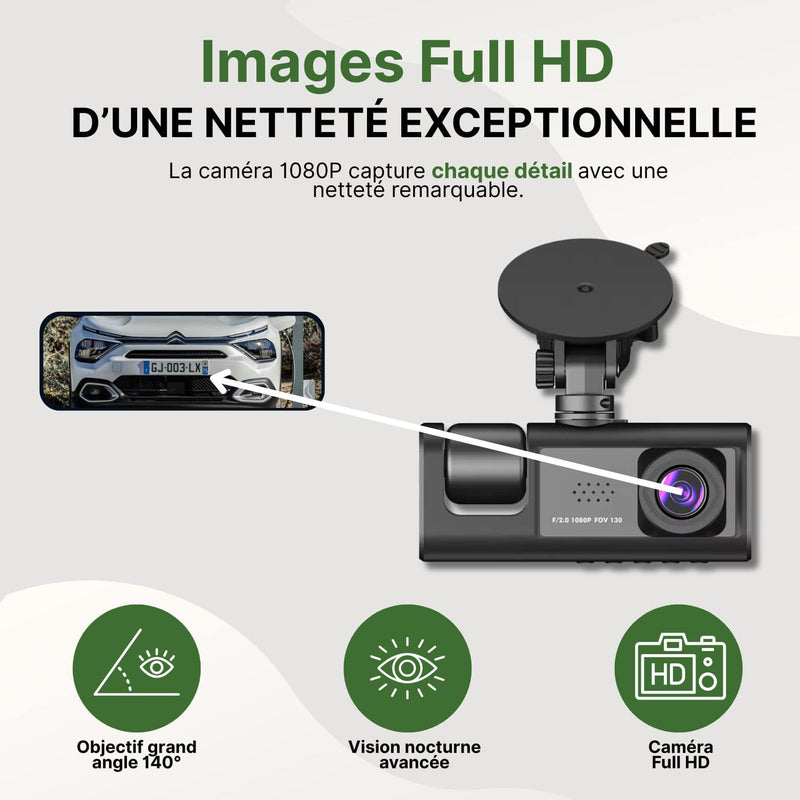 Dashcam Visiona Full HD avec support ventouse, capturant une plaque d'immatriculation avec netteté exceptionnelle.