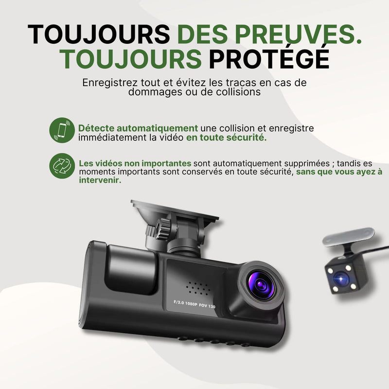 Dashcam Visiona avec double objectifs et détection automatique des collisions pour sauvegarde intelligente des vidéos.