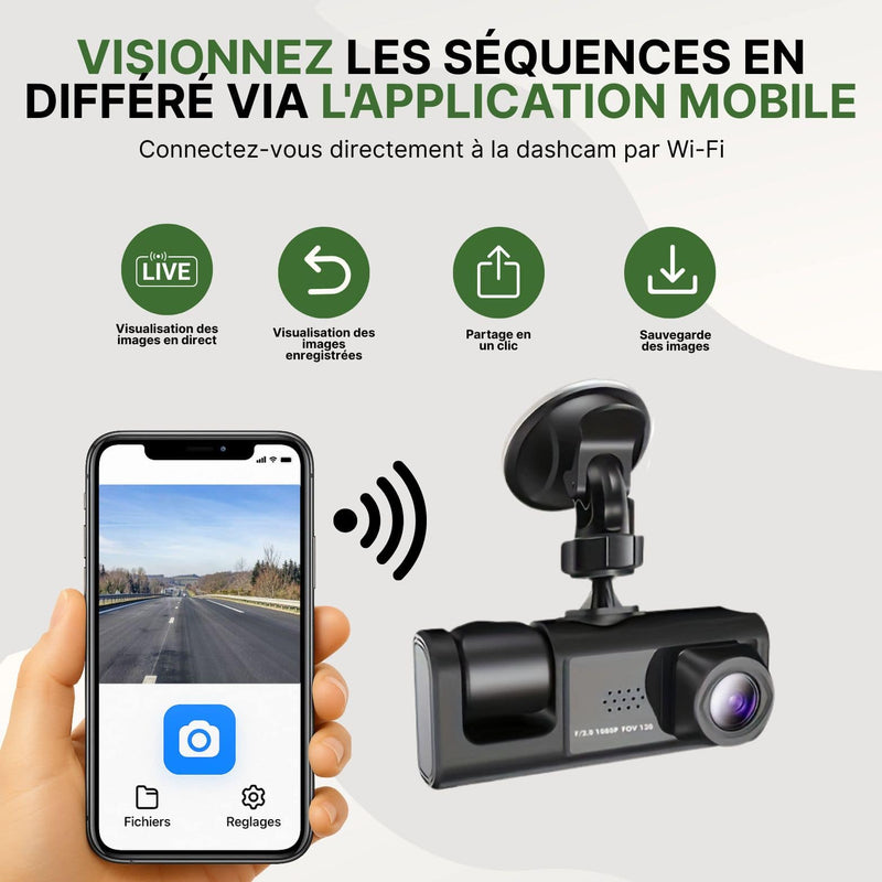 Dashcam Visiona connectée en Wi-Fi à un smartphone, avec application mobile pour visualiser et sauvegarder les vidéos.