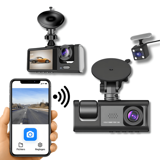 Dashcam Visiona connectée à une application mobile via Wi-Fi, montrant un aperçu vidéo en direct sur smartphone, avec caméra avant, caméra arrière et support d’installation visible.