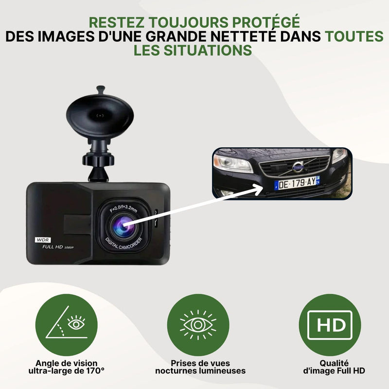 Dashcam noire VueActive vue de face, fixée par ventouse, capturant une plaque d'immatriculation en haute définition.