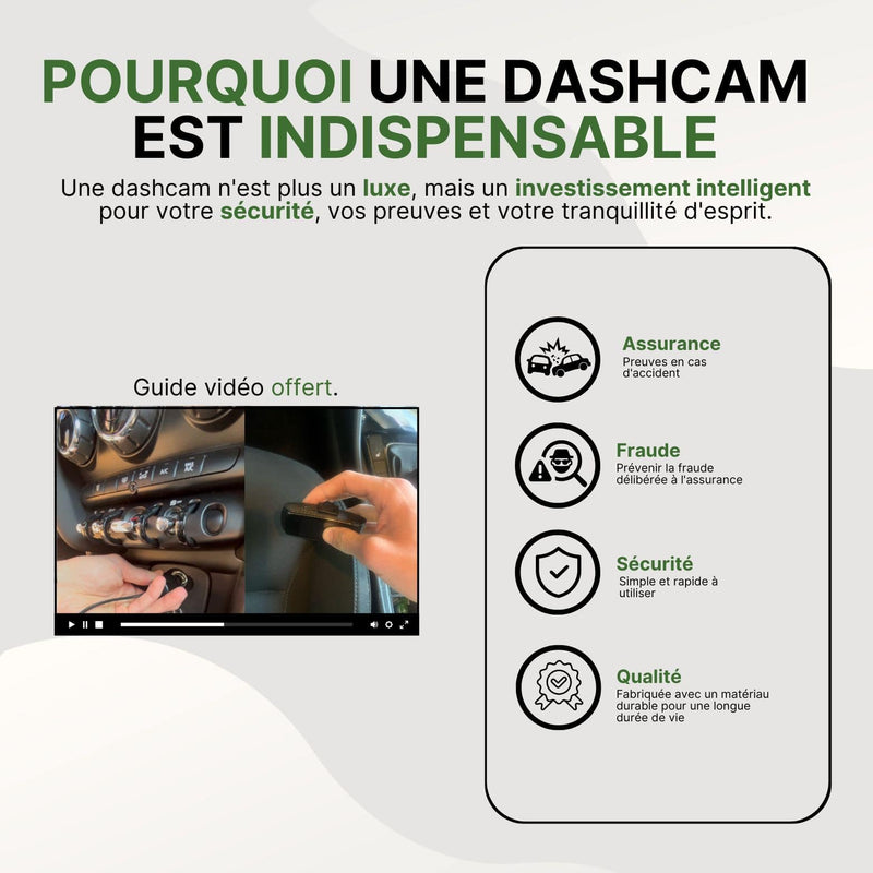 Présentation des bénéfices d’une dashcam VueActive avec guide vidéo d’installation et icônes pour assurance, fraude et sécurité.