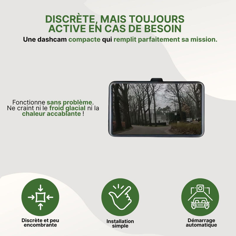 Dashcam VueActive compacte affichant une route boisée, idéale pour une installation discrète et un usage par tous les temps.
