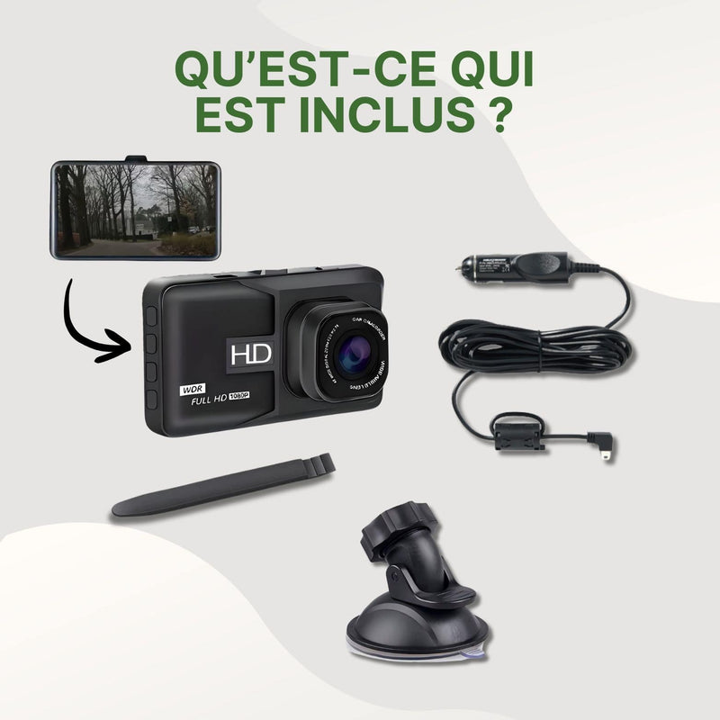 Contenu de la boîte VueActive : dashcam, câble d’alimentation, support ventouse, levier et écran embarqué.