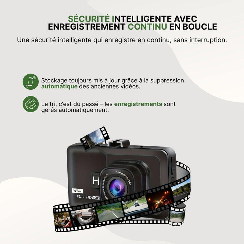 Dashcam VueActive en gros plan avec pellicule illustrant un enregistrement vidéo continu et automatique.